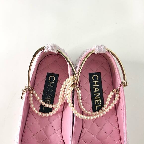 Chanel CC Logo Camellia Charm Pearl Chain Pink Tweed Cap Toe Ballerina Flats 37 - Picture 5 of 13